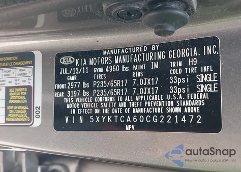 2012 Kia Sorento Lx из США, поврежденный, VIN 5XYKTCA60CG221472